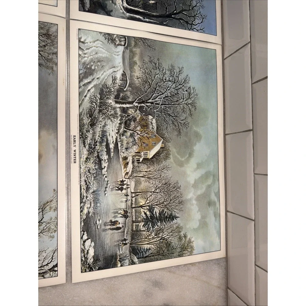 4 PLACEMATS Vintage Currier And Ives American Winter Scenes Reversible C&I Litho